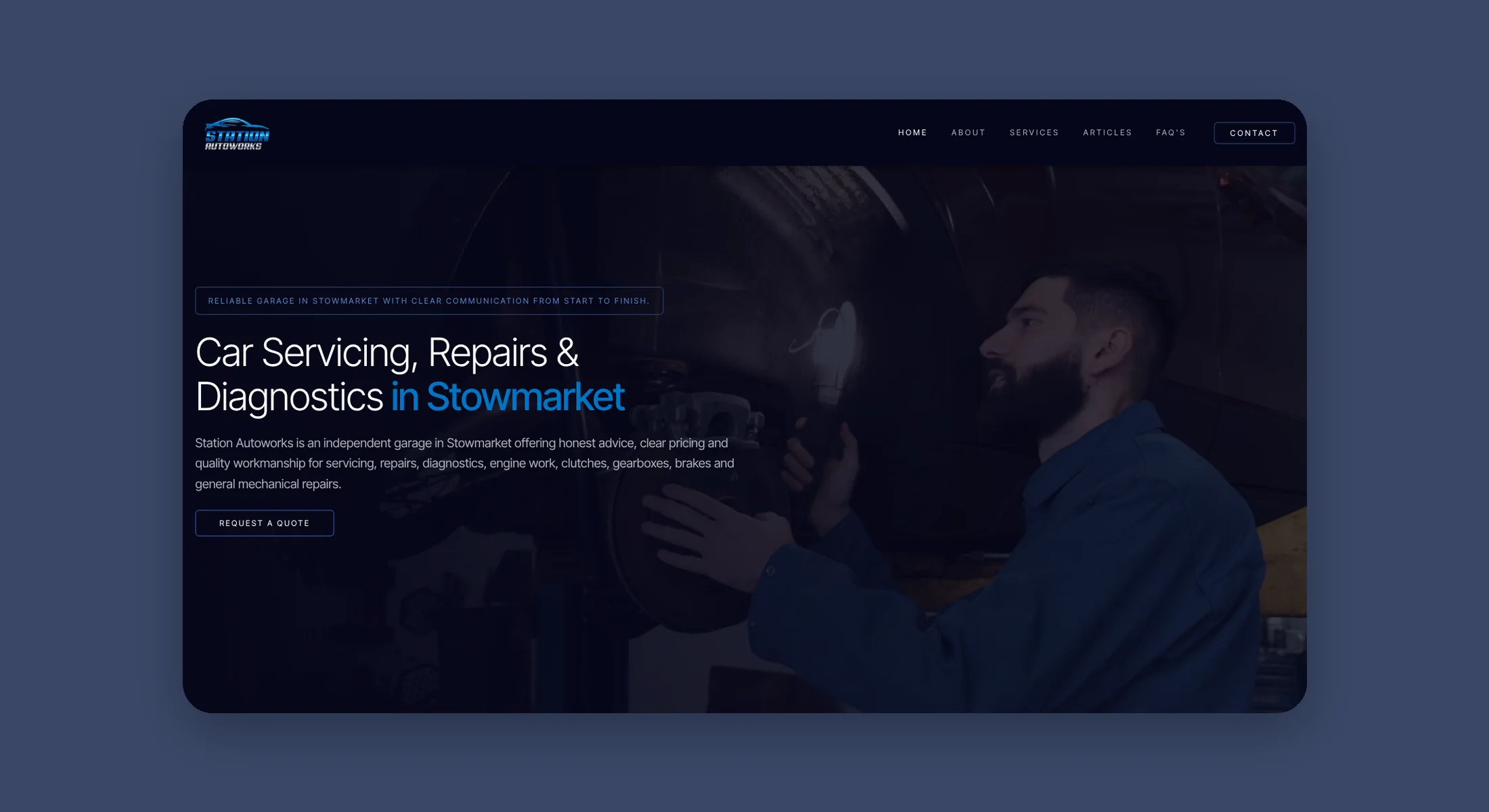 Station Autoworks homepage hero for car servicing, repairs and diagnostics in Stowmarket