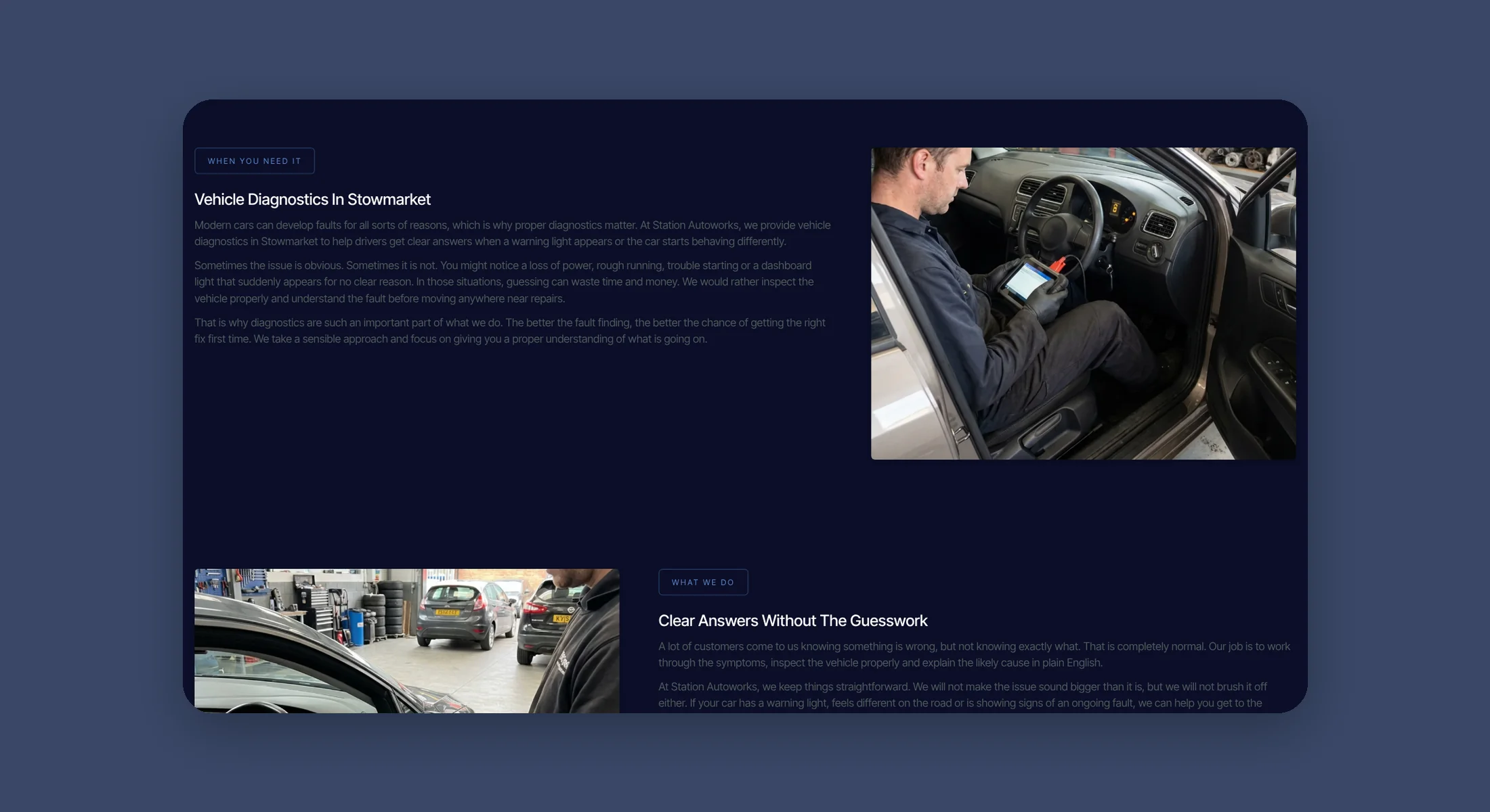 Station Autoworks diagnostics page explaining vehicle fault finding