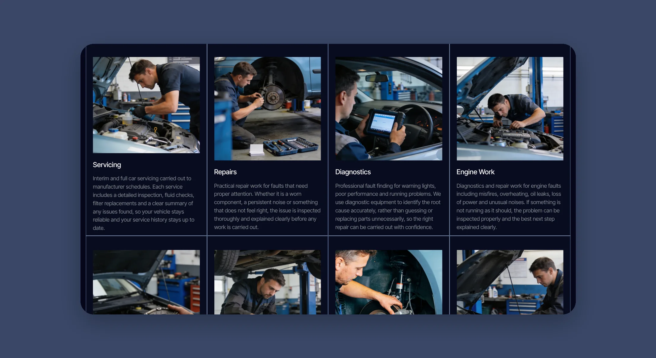 Station Autoworks grid of 8 garage services with workshop photos