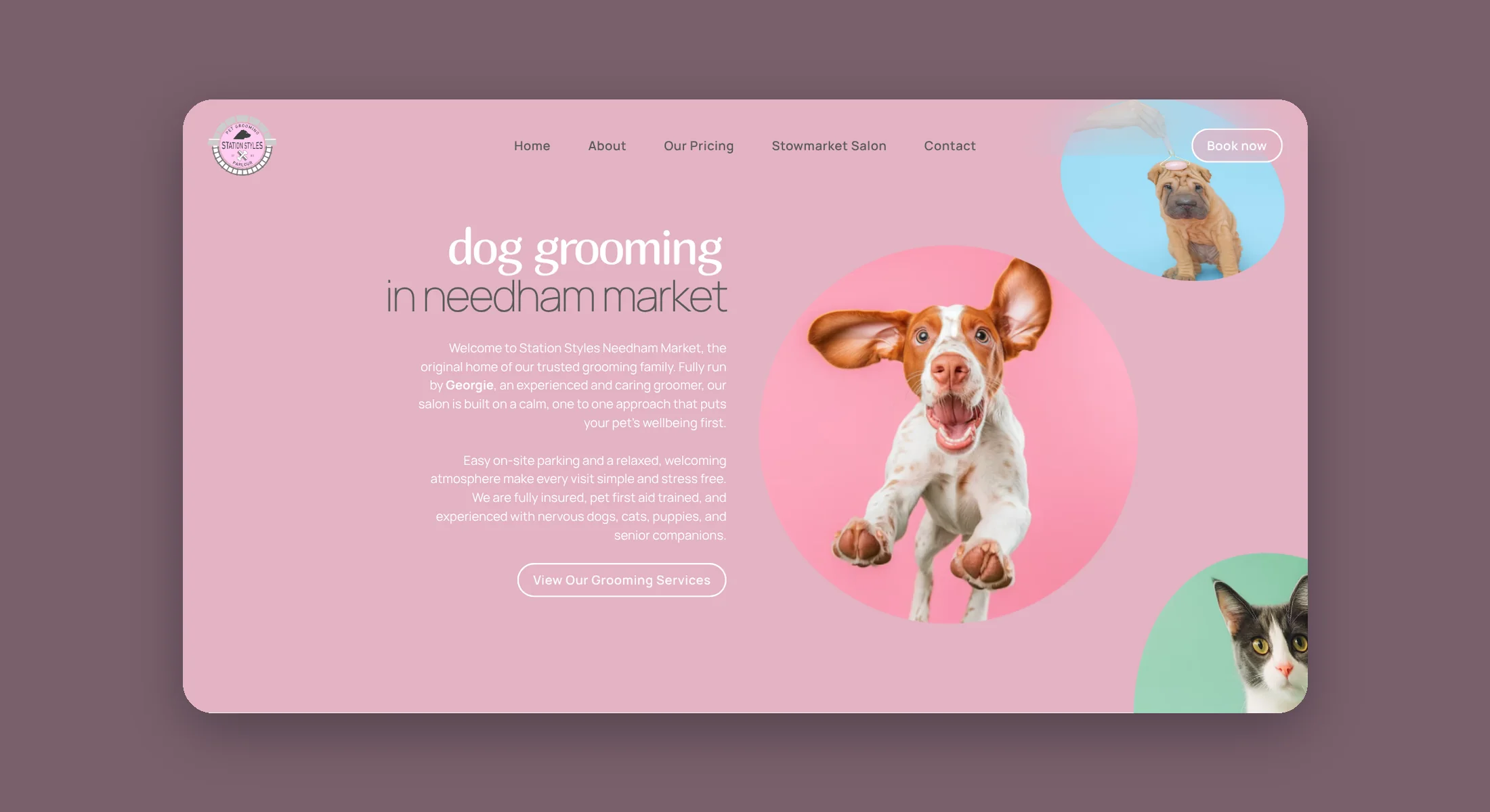 Station Styles Needham Market homepage hero with a spaniel mid leap