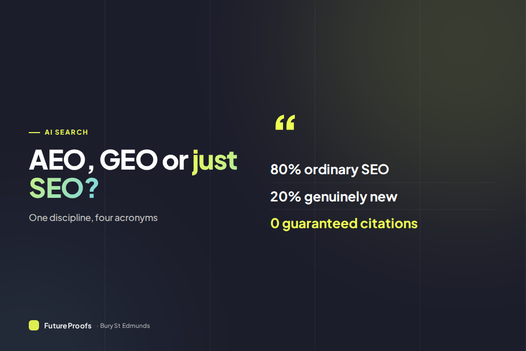 Bold typographic graphic comparing the acronyms AEO, GEO and LLMO against traditional search optimisation