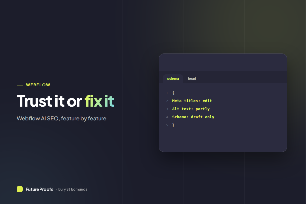 Webflow Designer audit panel listing missing meta descriptions, alt text and schema markup on a site
