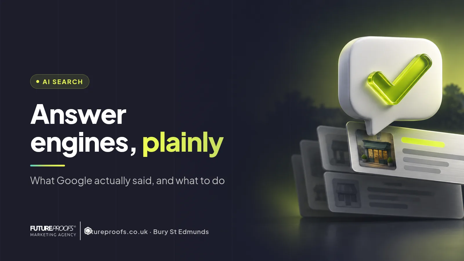 Dark FutureProofs card reading Answer engines, plainly, with a glossy 3D speech bubble and map pin for AI search