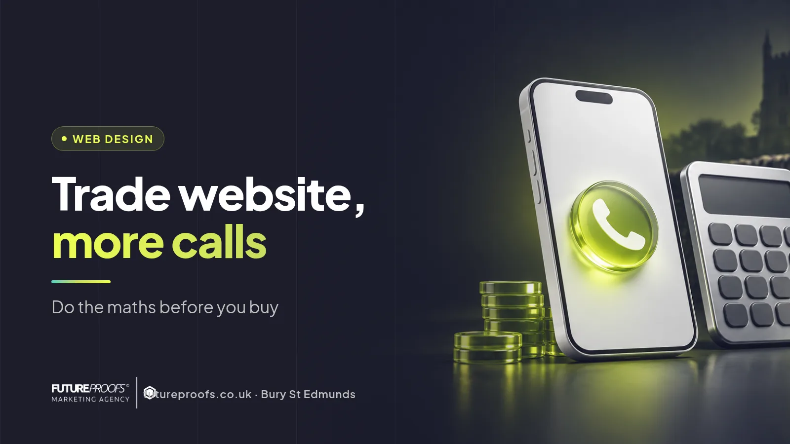 Dark branded card reading Trade website, more calls, with a glossy 3D balance scale and phone