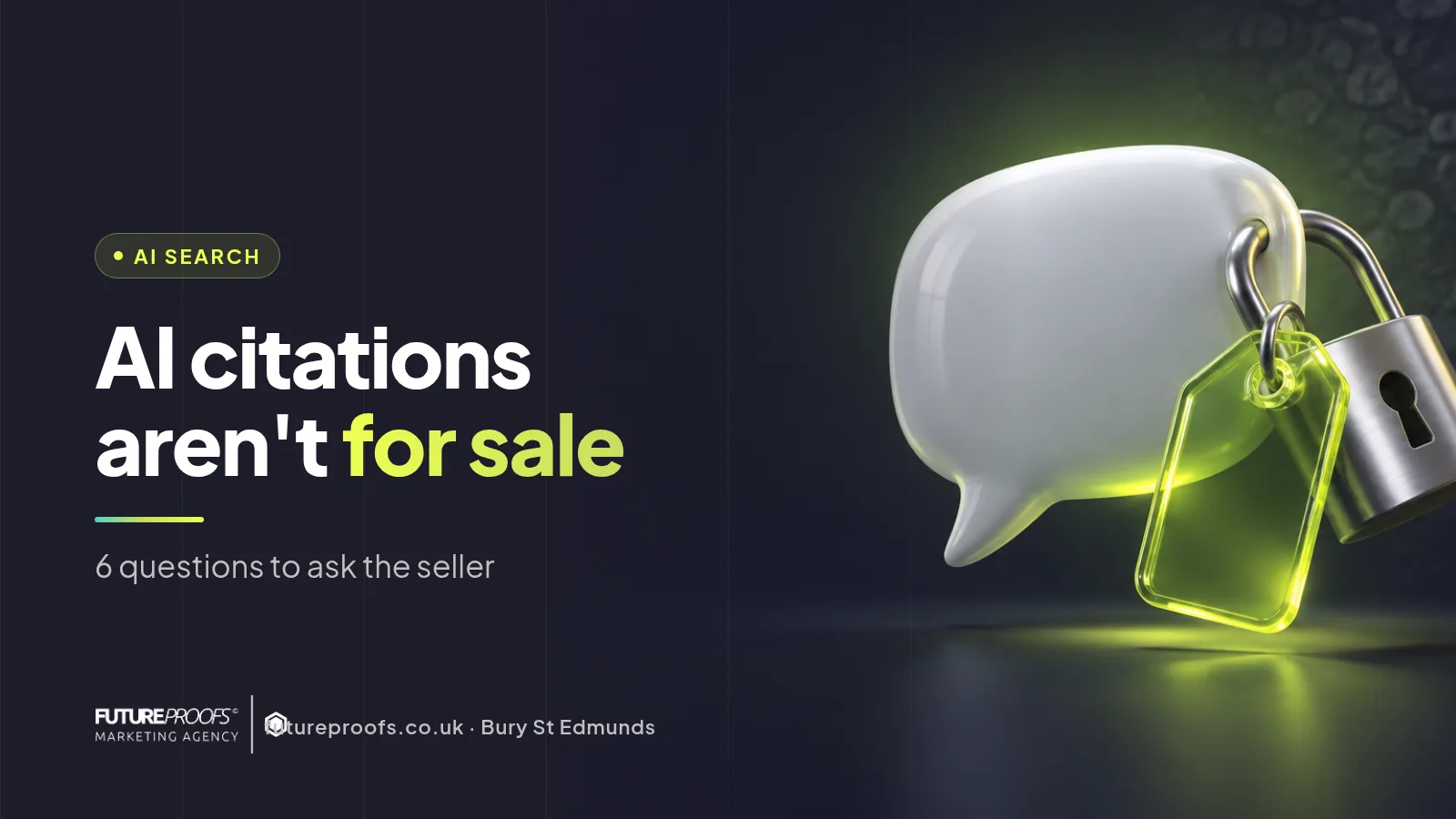Dark card reading AI citations aren't for sale, with a glossy speech bubble and a lime glass price tag