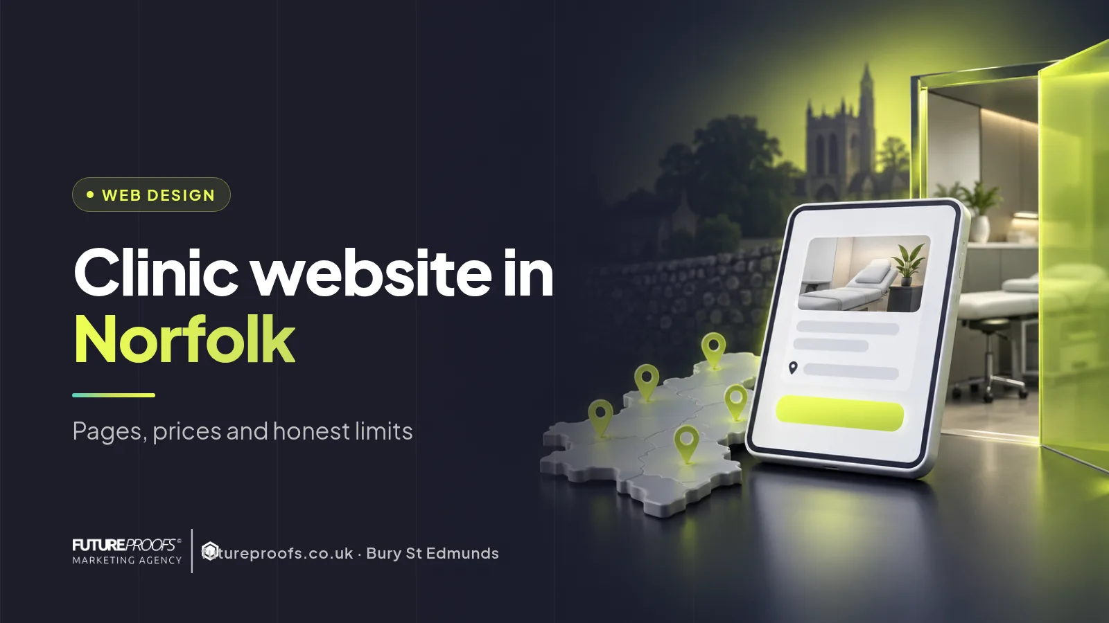 Dark branded card: Clinic website in Norfolk, pages, prices and honest limits, with a glossy 3D tablet