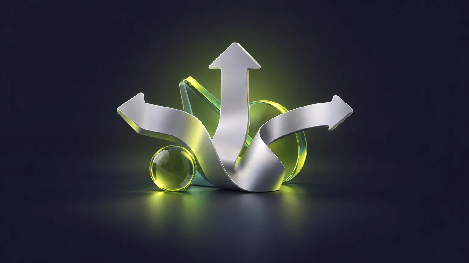 Abstract silver ribbon and green glass shapes for the four routes to SEO on an existing website