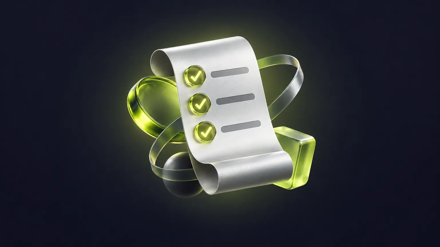 Abstract silver ribbon and green glass shapes for the checks to do before handing over SEO