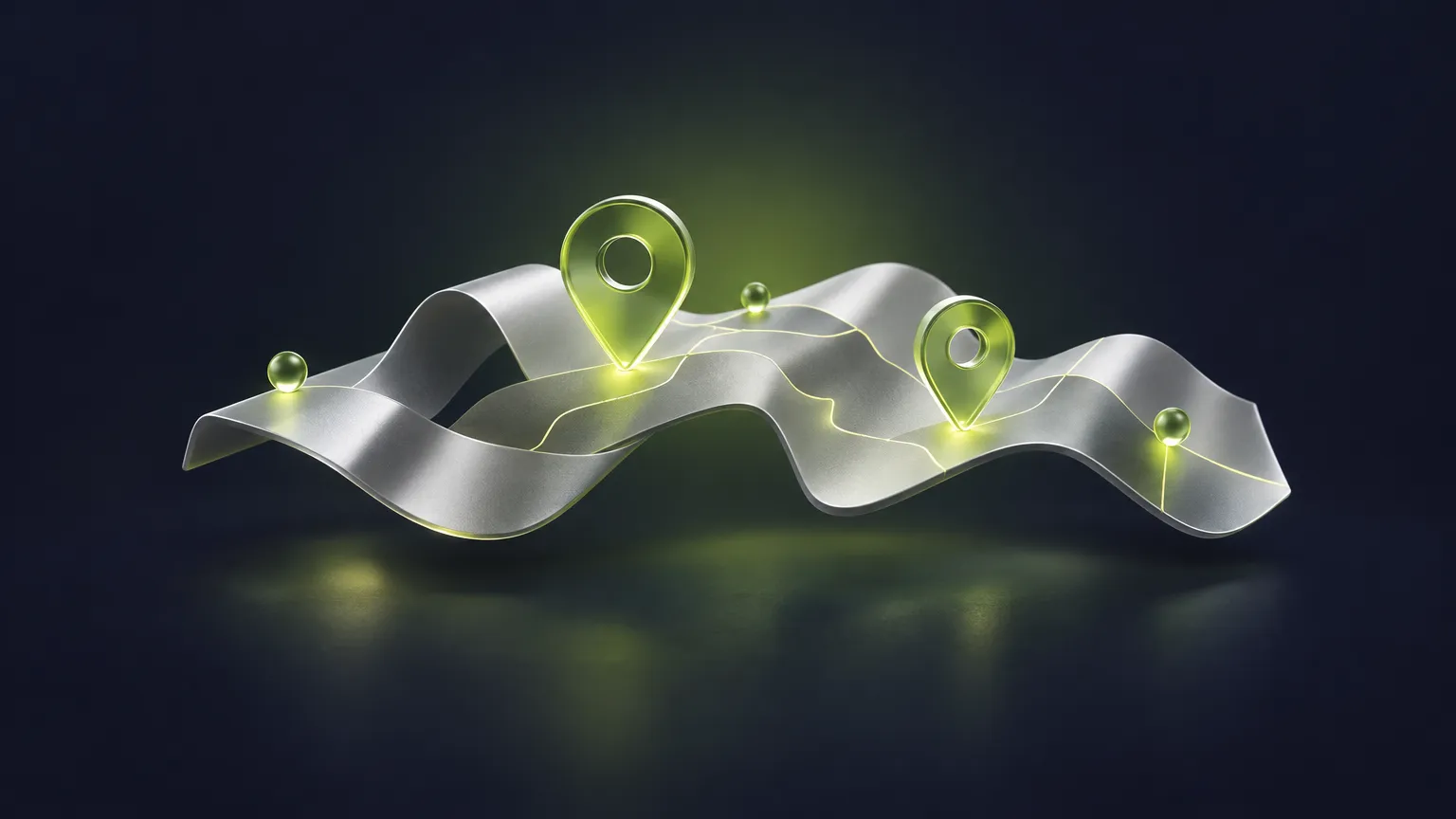 Abstract silver map ribbon with green glass pins for covering several towns either side of the Suffolk and Essex border