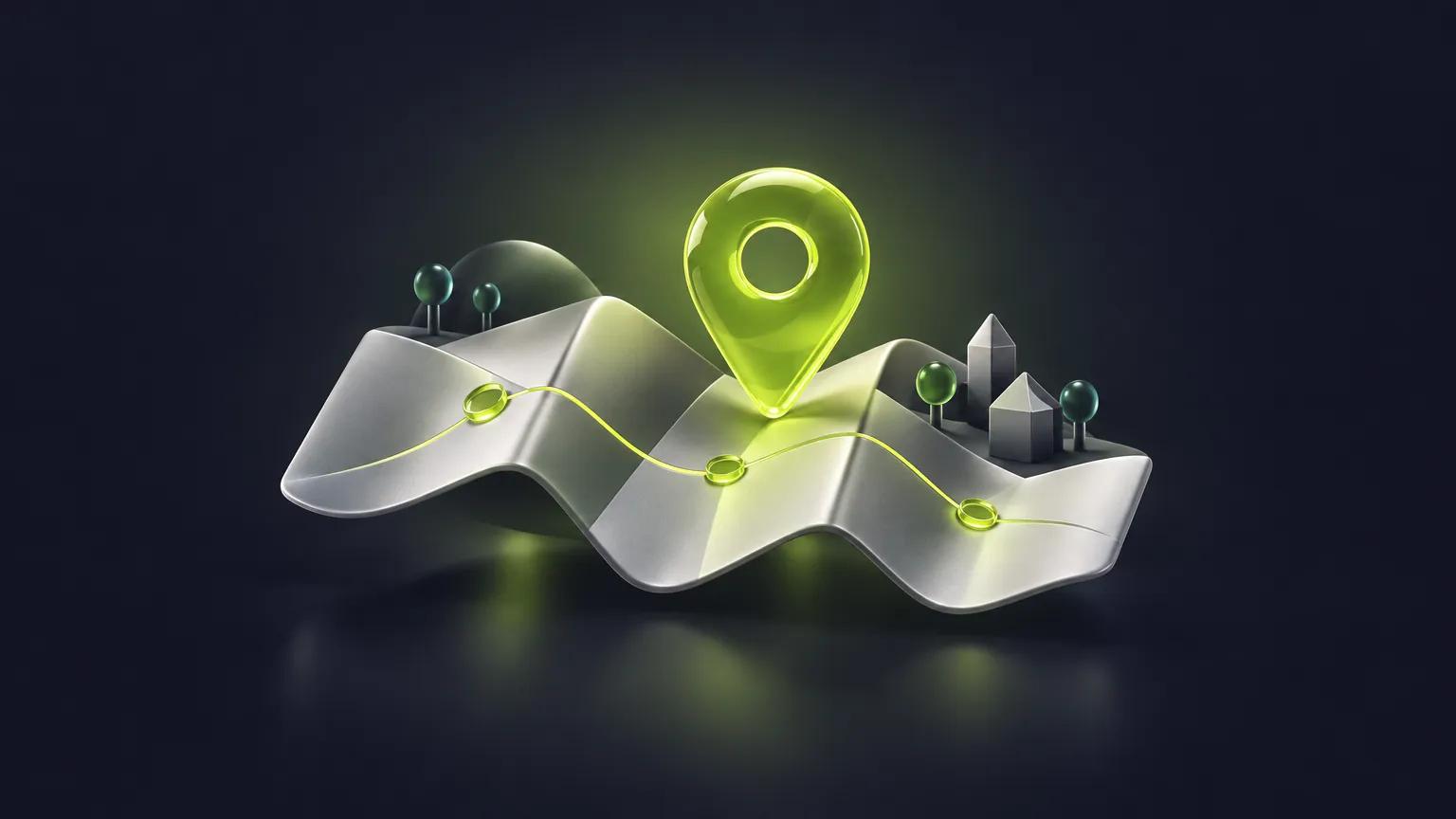 Folded silver map with a green glass pin and a glowing route between towns, for checking your town coverage