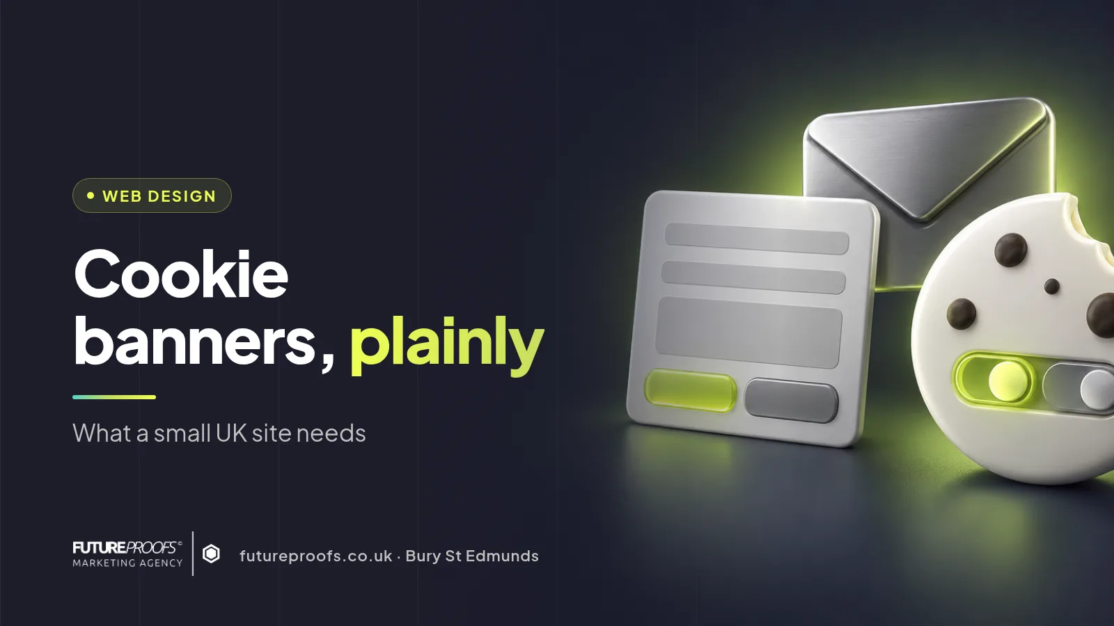 Branded card reading Cookie banners, plainly, for a guide to UK cookie and contact form rules for small businesses