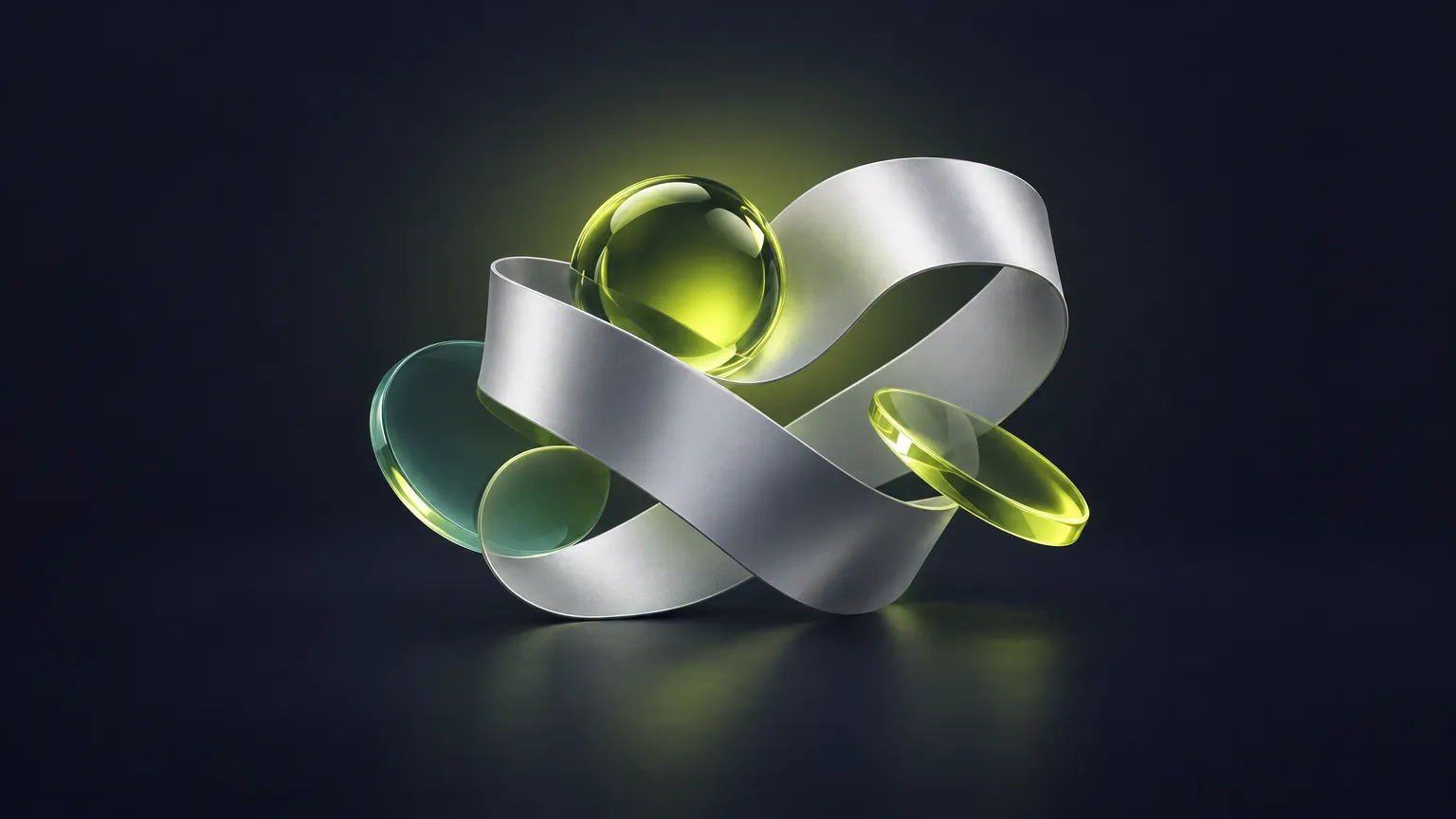 Silver ribbon looping through green glass discs and a sphere, an abstract image for the first steps this week