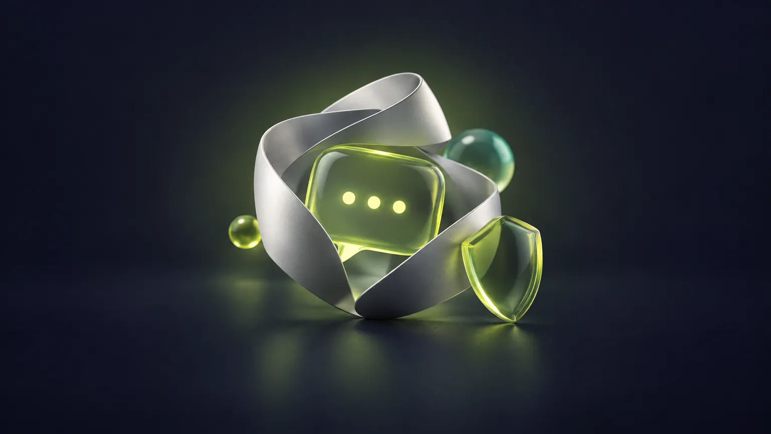 Glowing green chat bubble wrapped in a silver ribbon beside a glass shield, showing a website chatbot that needs limits