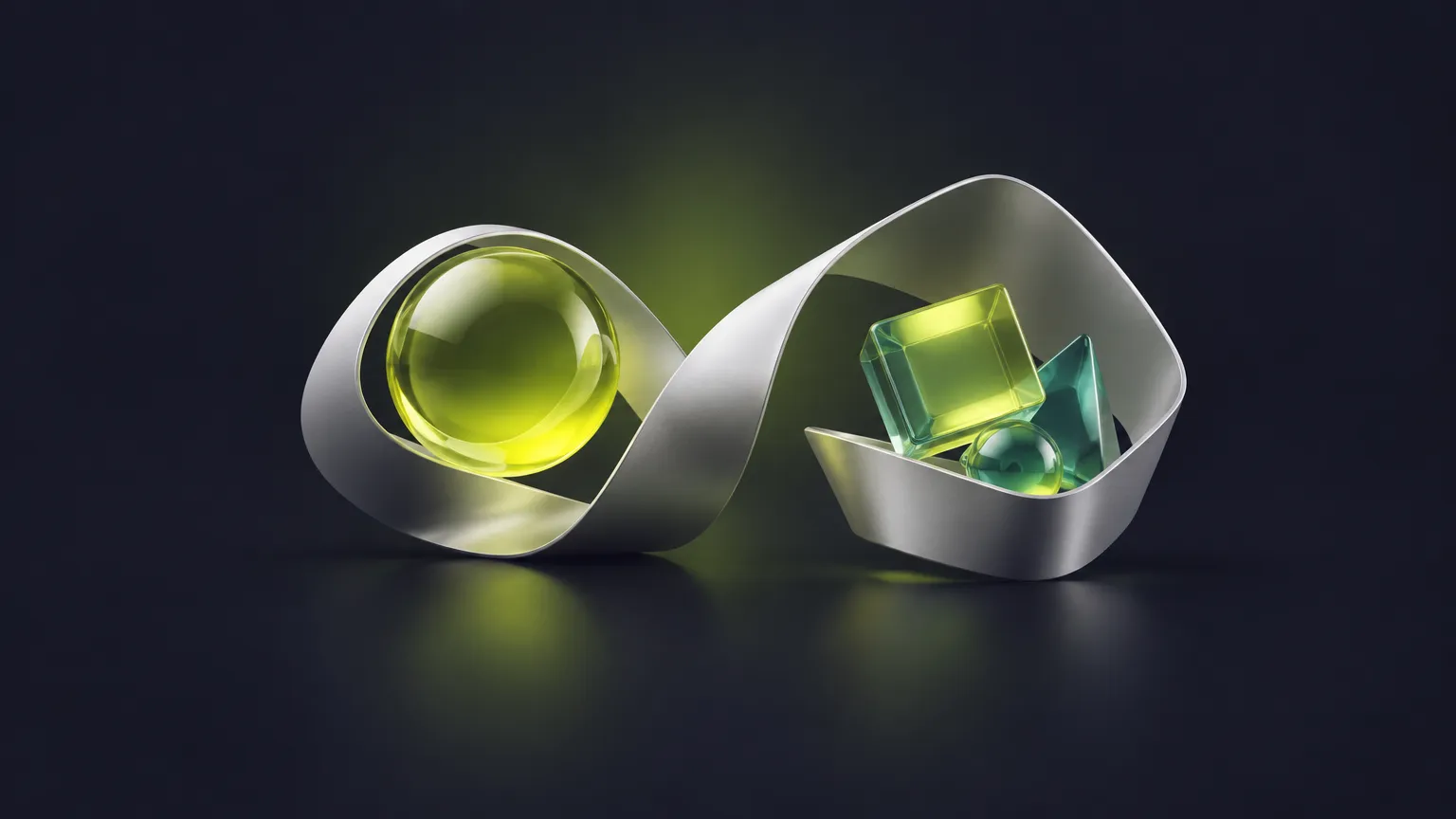 Silver ribbon loop holding one lime sphere on one side and a cluster of glass shapes on the other