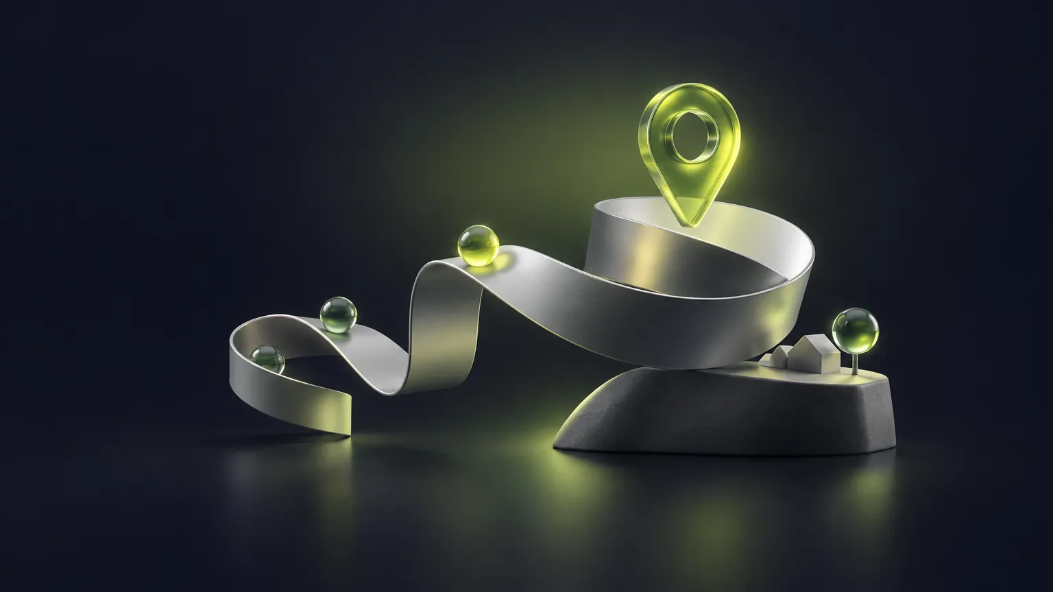 Winding silver path with small glass spheres climbing to a lime map pin above a little house
