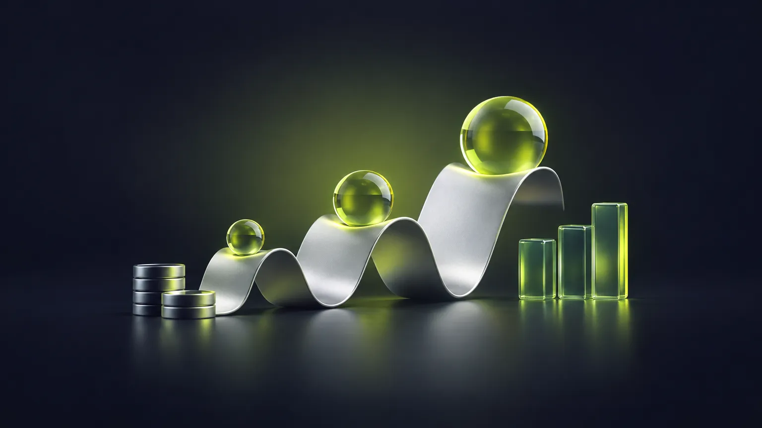Silver ribbon rising in steps with glass spheres, beside coins and lime glass bars