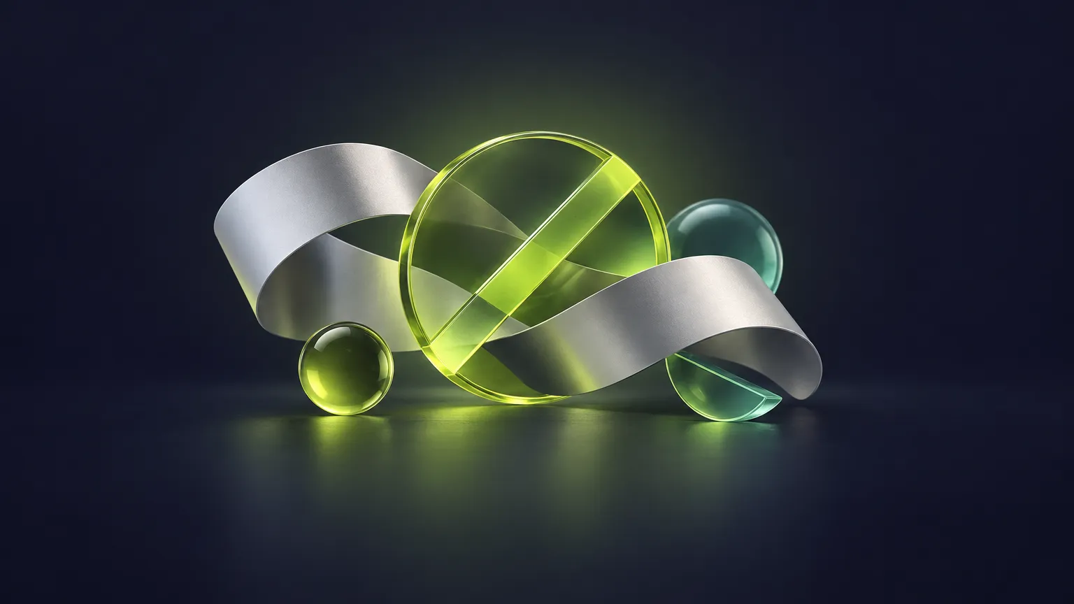 Silver ribbon looped through a lime glass ring crossed by a bar, between two glass spheres