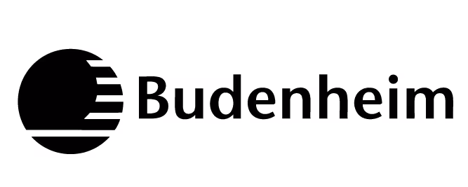 Logo von Budenheim mit einem stilisierten, runden Symbol und dem Schriftzug in Schwarz auf weißem Hintergrund.