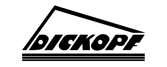 Ein minimalistisches Logo, das den Schriftzug "Dickopf" in einer eleganten Schriftart zeigt, unter einem schräg gedeckten Dach, das über dem Text schwebt.