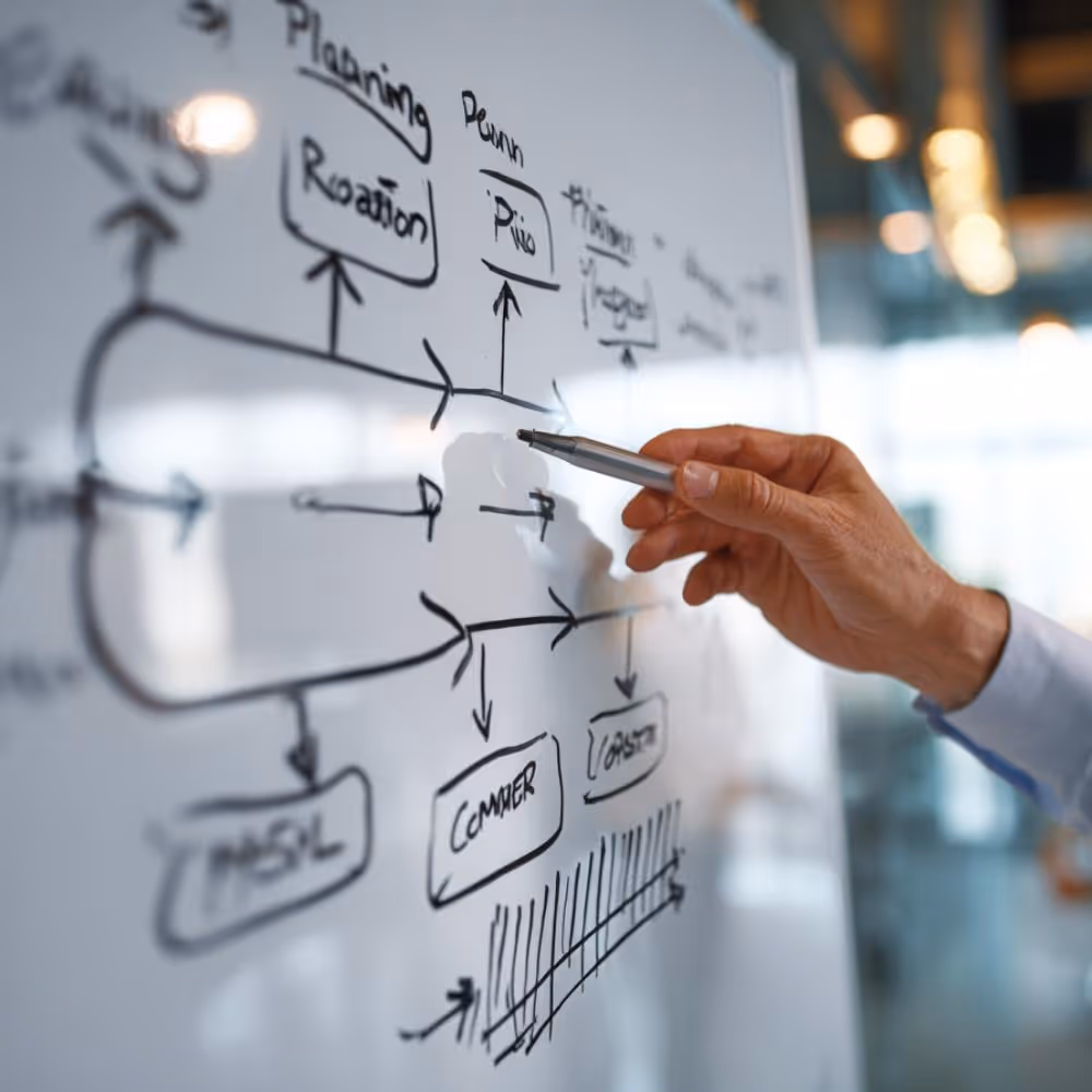 Eine Hand hält einen Stift und zeigt auf ein Flussdiagramm auf einer weißen Tafel. Das Diagramm enthält Begriffe wie "Planung", "Rotation" und "Abschluss" und veranschaulicht eine strategische Arbeitsstruktur.