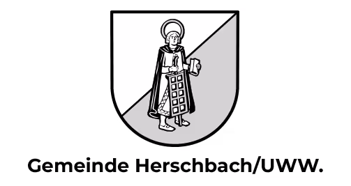 Das Wappen der Gemeinde Herschbach/UWW.. Es zeigt eine stilisierte Figur, die eine Robe trägt und in einer Hand ein Buch sowie in der anderen Hand ein ausgebildetes Schild hält, vor einem zweigeteilten Hintergrund in Schwarz und Weiß.