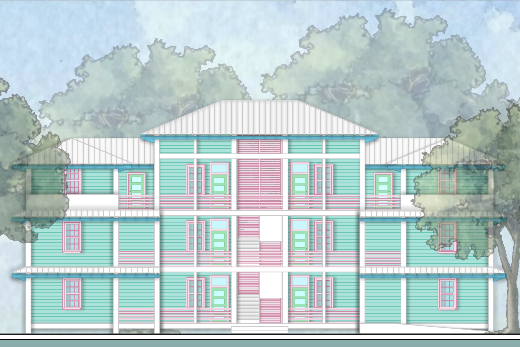Elevation of a design for an apartment building. Traditional Bahamian Conch style painted blue with pink accents.