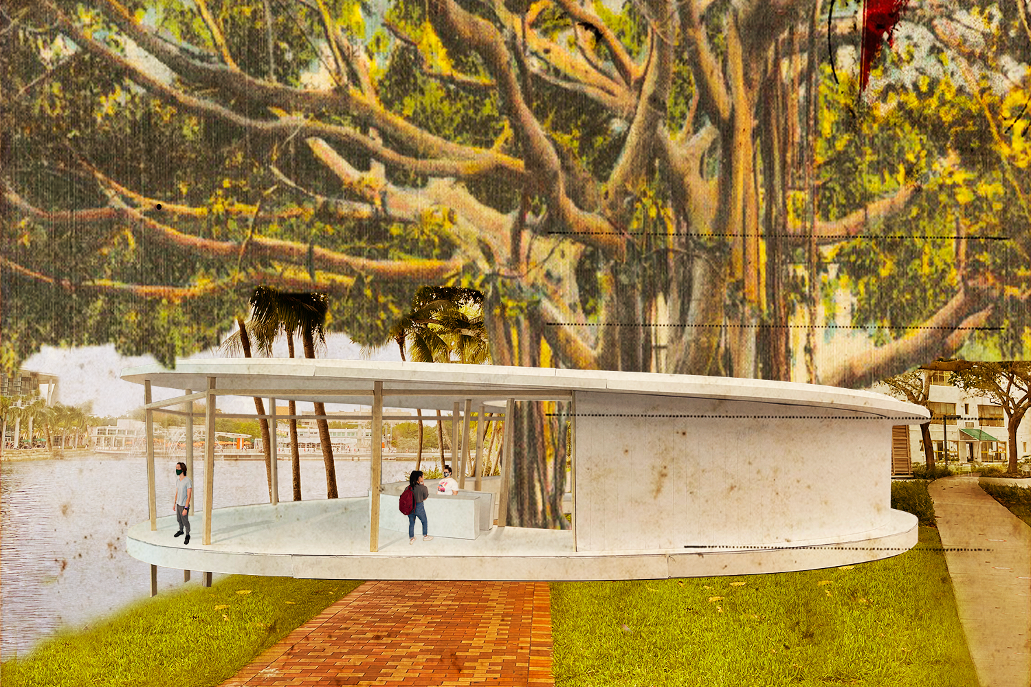 Rendering of a view of the outside of a cafe design project.