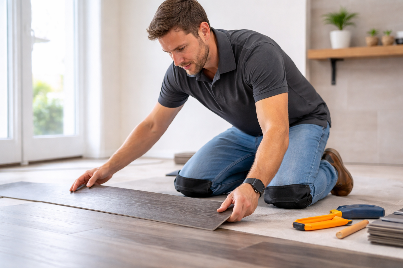 Man installing dark wood laminate flooring panels indoors while kneeling with tools nearby.