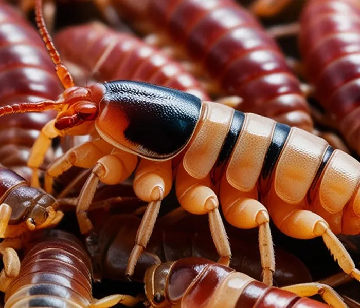 Close-up of reddish-orange centipedes with segmented bodies and multiple legs