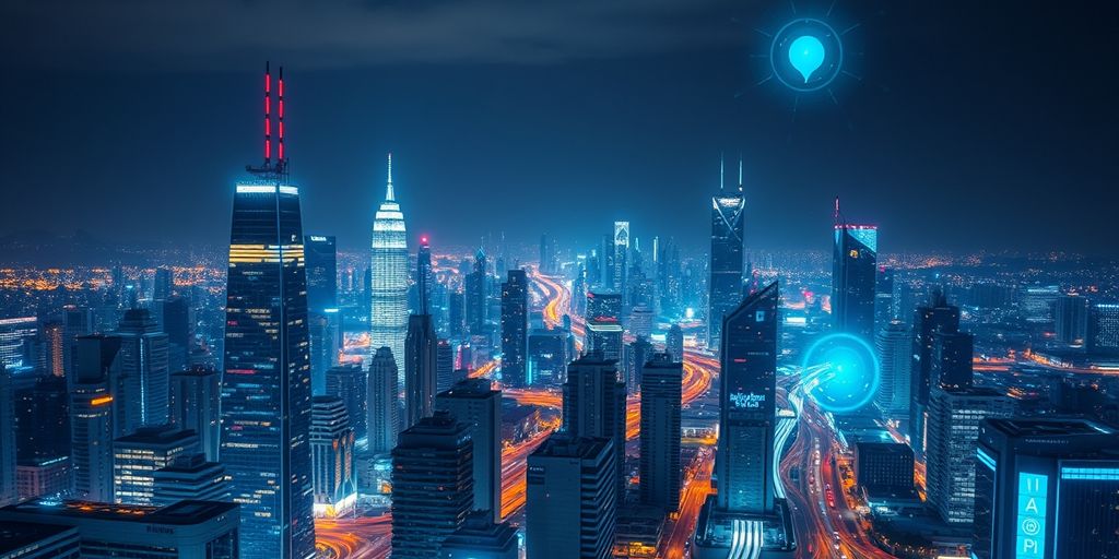 Futuristic cityscape with glowing AI elements at night.