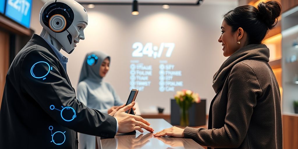 AI receptionist assisting customer at service desk