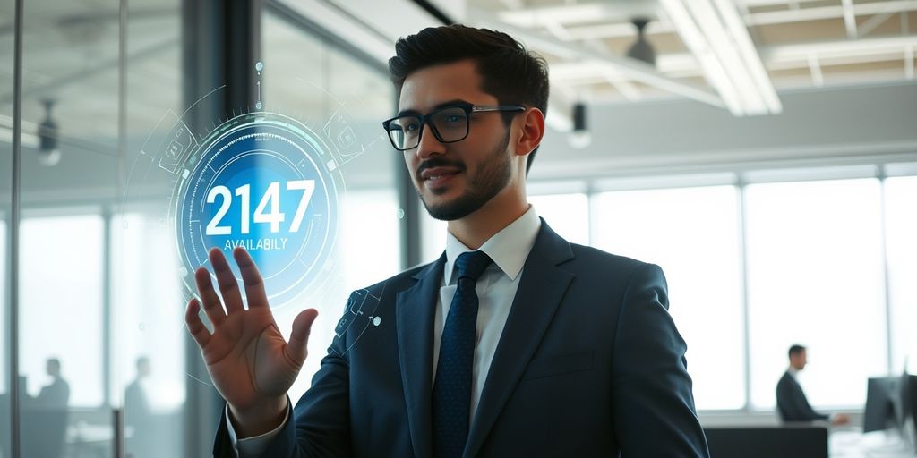 Professional with AI hologram in office