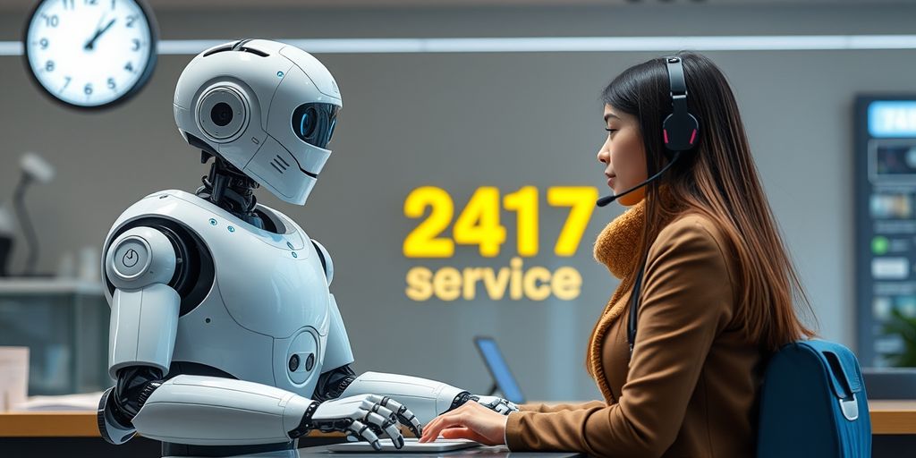 AI robot assisting customer at help desk