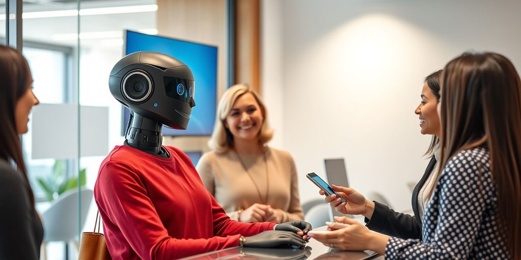 AI voice receptionist with diverse customers in office