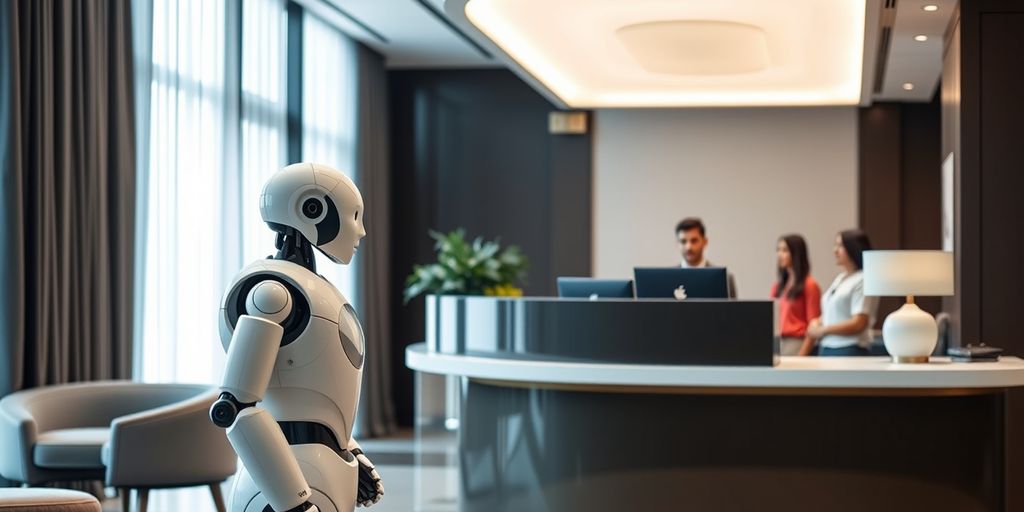 AI robot assisting guests at hotel front desk