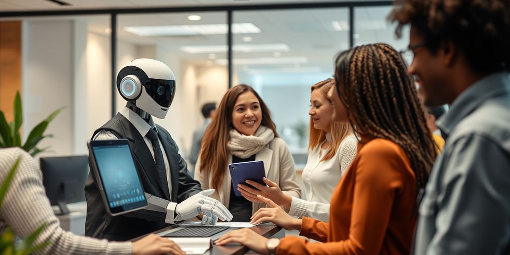 AI voice receptionist with diverse customers in office