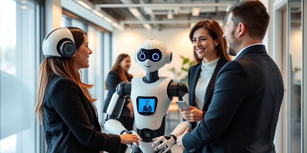 Humanoid robot receptionist with happy customers