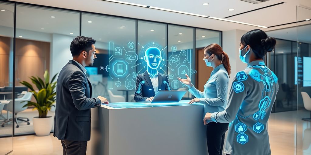 AI hologram receptionist in a modern office