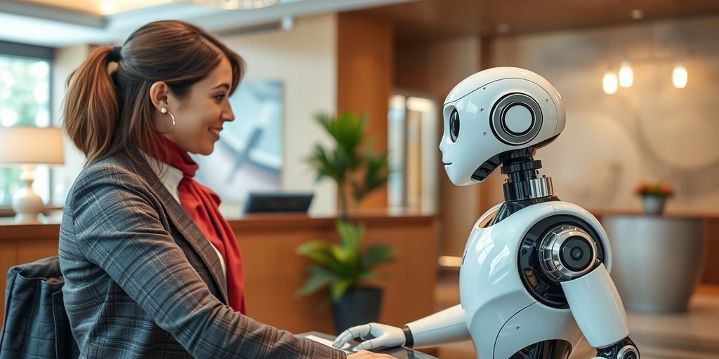 AI robot helping hotel receptionist