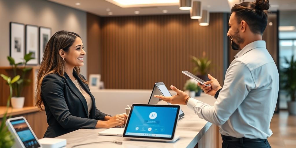 Receptionist assisting customer with AI tools
