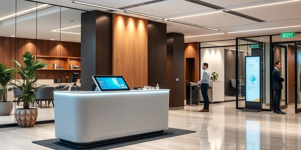 AI-powered receptionist kiosk in a modern office