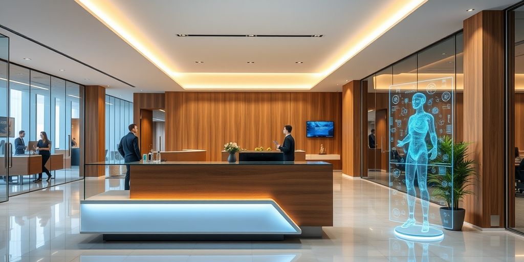 AI receptionist hologram in modern office lobby