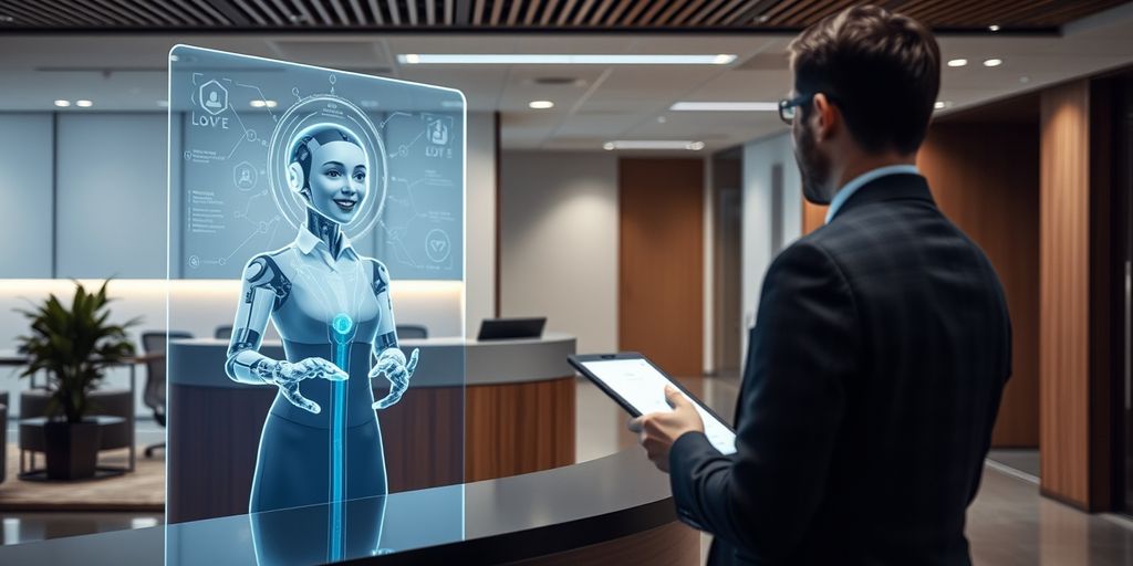 AI hologram receptionist in a modern office