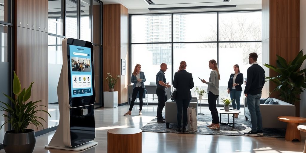 AI receptionist in modern office lobby with employees.