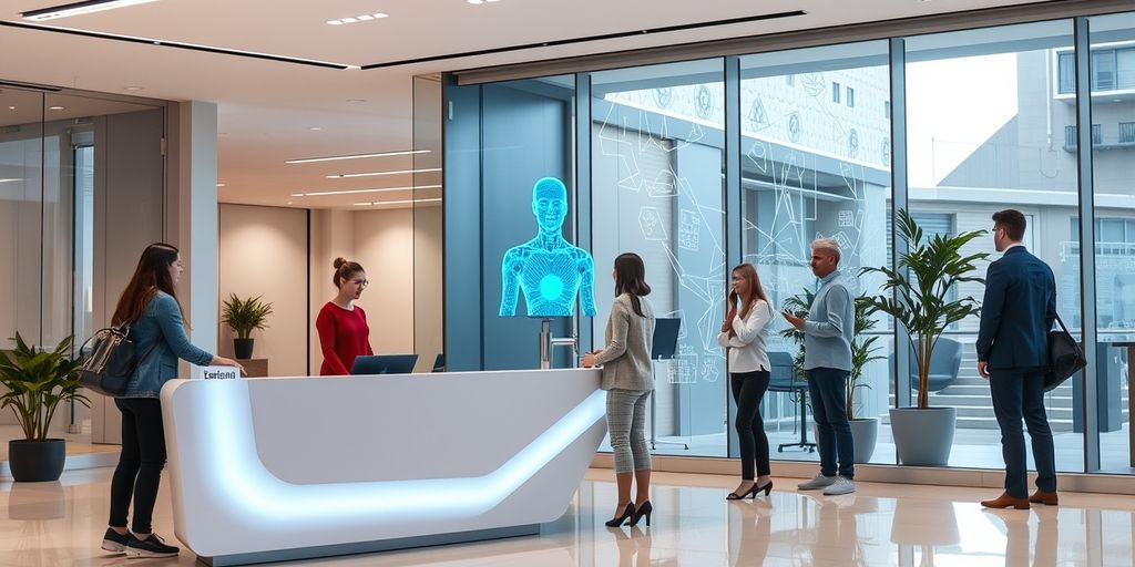 Modern office lobby with AI hologram receptionist