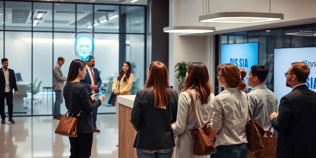 AI hologram assisting people at office reception