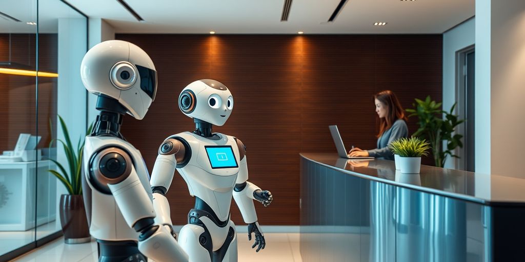 AI robot assisting customer at office reception