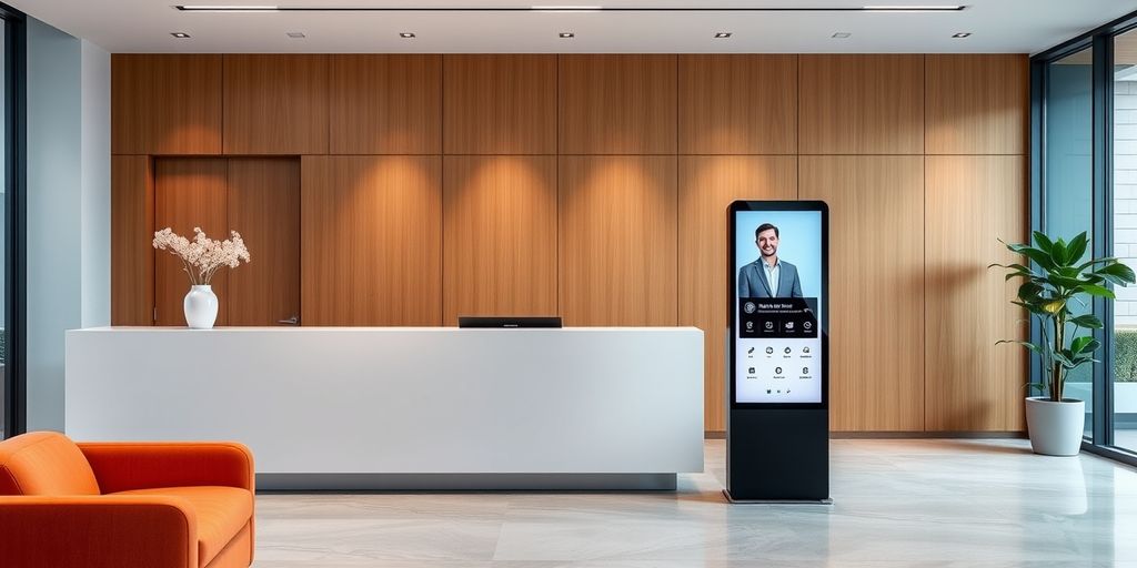 AI-powered front desk in modern office lobby