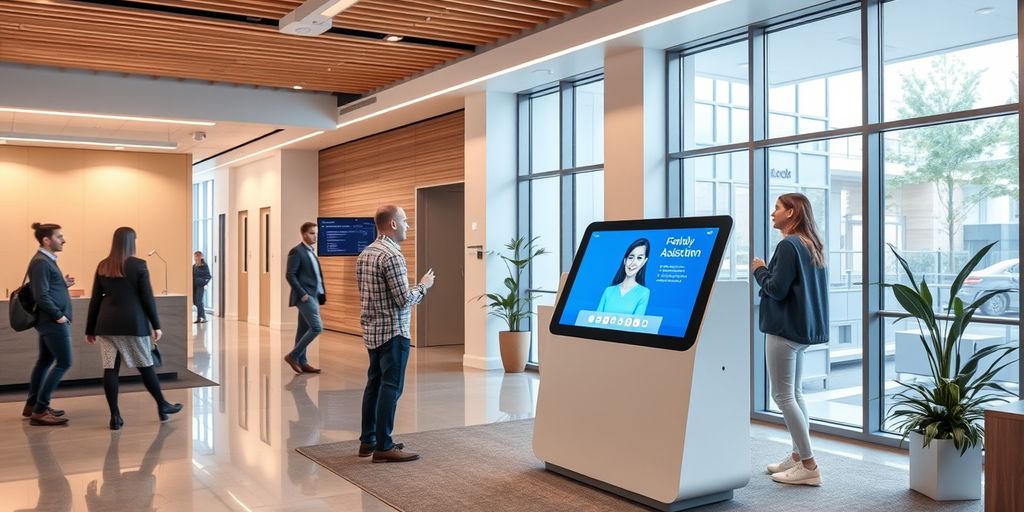 AI front desk kiosk in modern office lobby