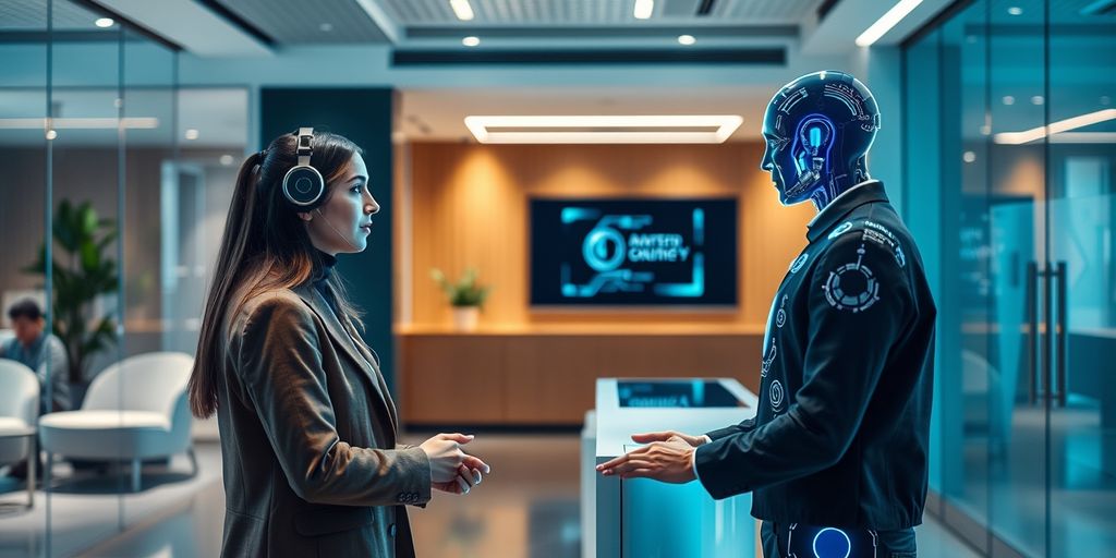 AI hologram assisting customer at office reception